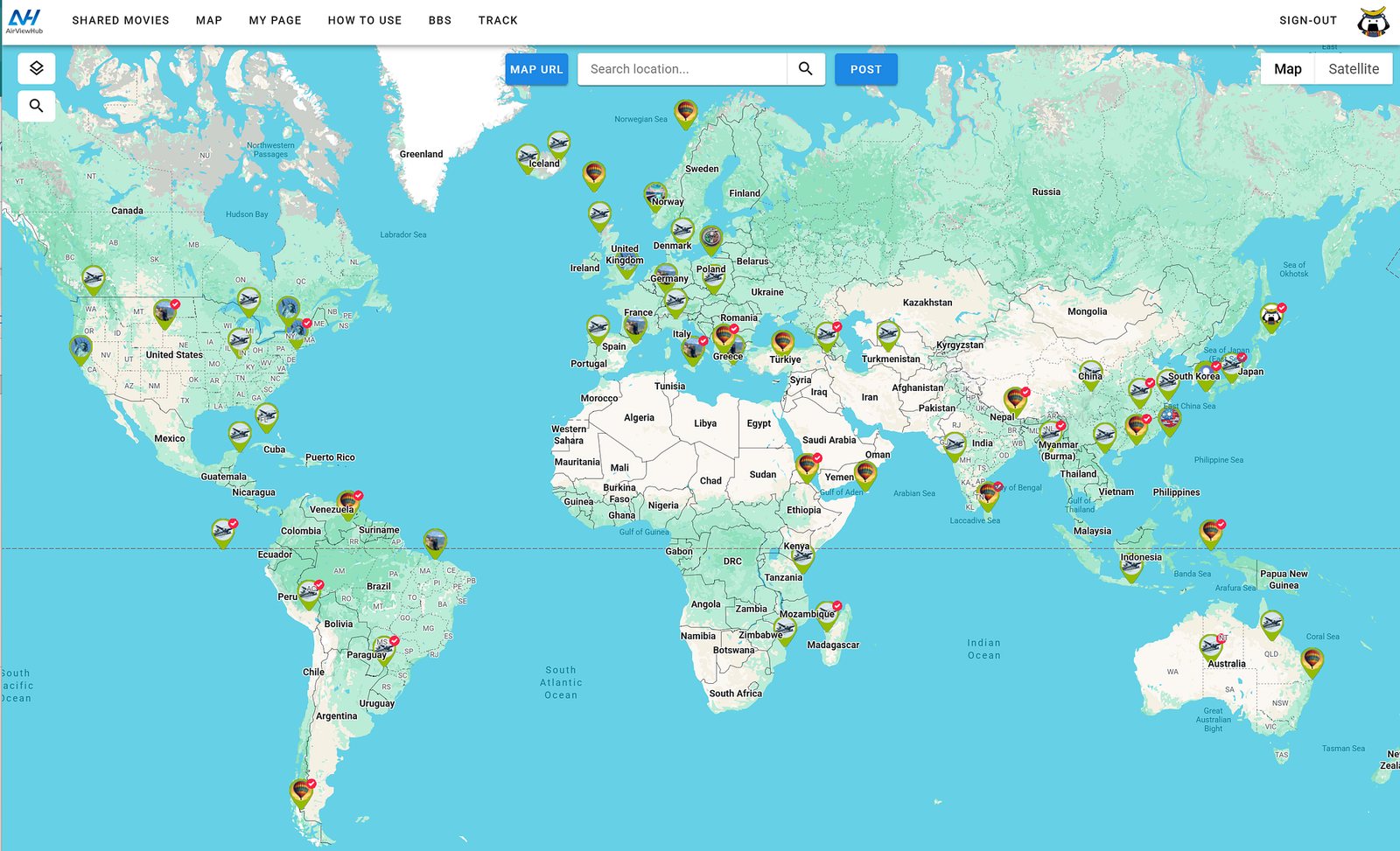 AirViewHub world map with drone video pins