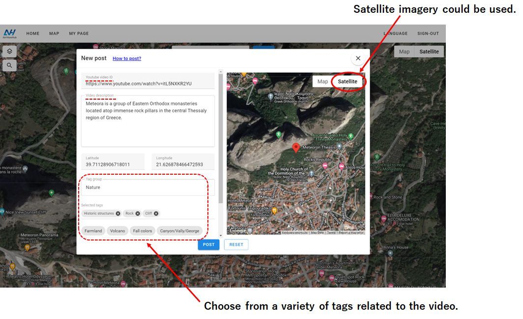 New post dialog with tags and satellite view
