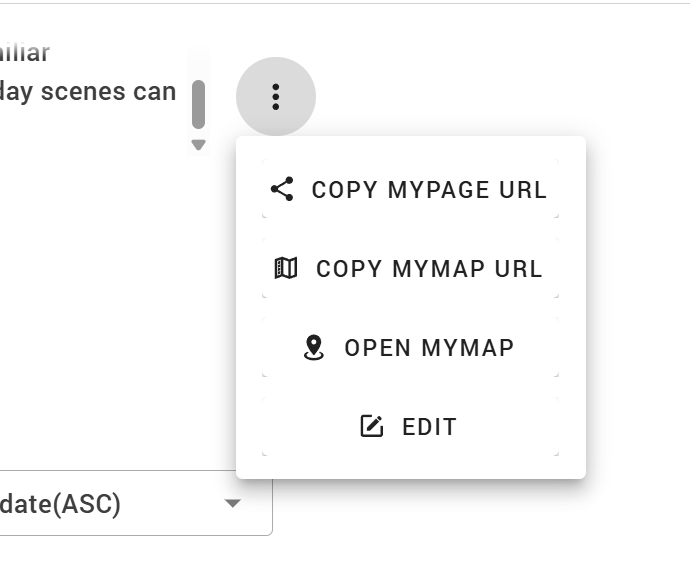 The menu on My Page: Copy MyPage URL, Copy MyMap URL, Open MyMap, Edit